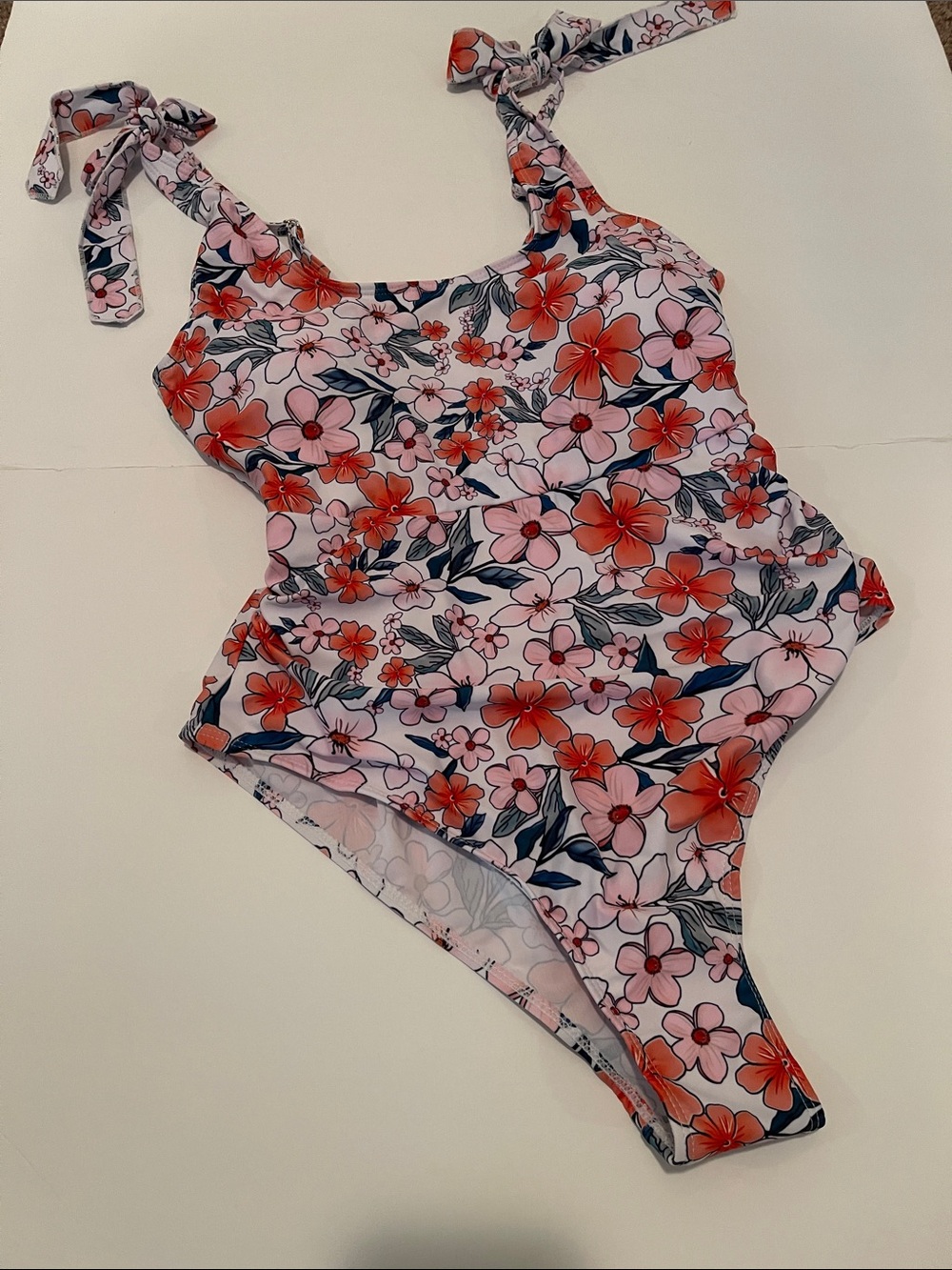 New! Floral Pink & Red One-Piece Swimsuit with Tie Straps